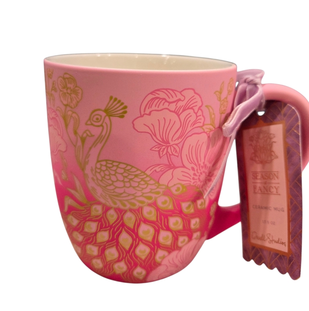 💕▪️Dwell Studio ▪️beautiful  Peacock Print Floral  Pink 17.5oz  Ceramic Mug